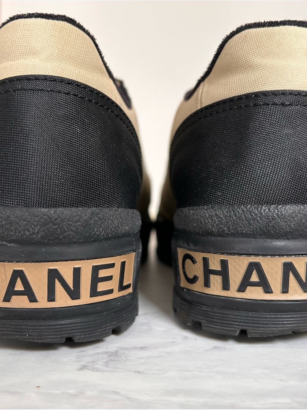 CHANEL Vintage 90's Black & Beige Canvas Logo Heel Sneakers